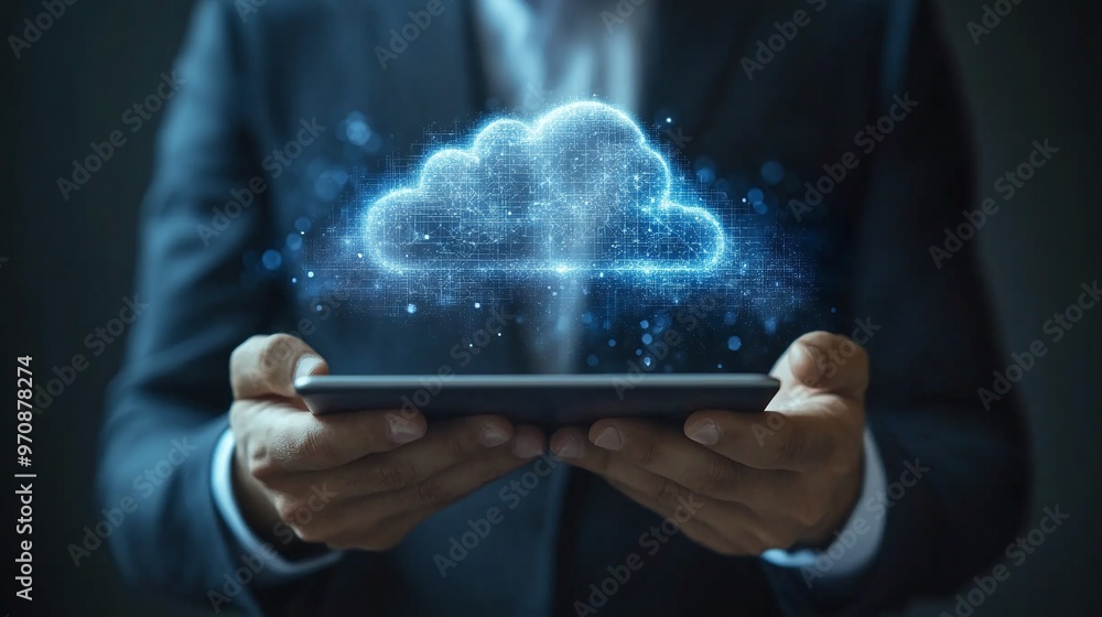 Poster a professional holds a tablet with a glowing cloud symbol, representing digital innovation and cloud