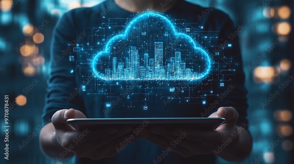 Poster a user demonstrates cloud technology with a digital interface, showcasing data and urban skyline con