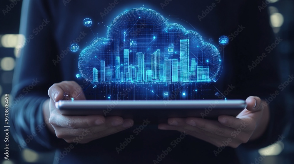 Poster an individual holds a tablet displaying a futuristic cloud and data visualizations, symbolizing tech