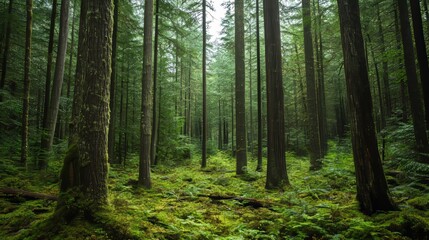 Naklejka premium A wide and view of a dense forest in British Columbia