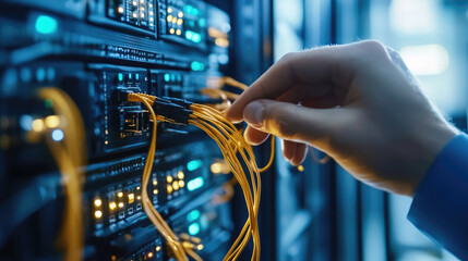 A network technician is focused on connecting cables in server room, showcasing intricate work involved in managing data connections. environment is filled with glowing lights and organized cables, re
