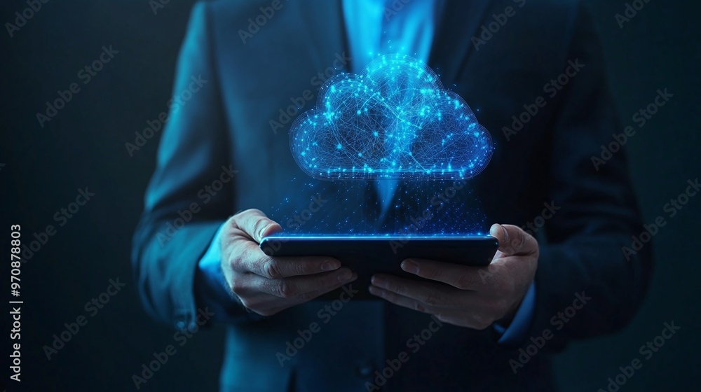 Poster businessman using a tablet with a digital cloud symbol, representing technology, innovation, and clo