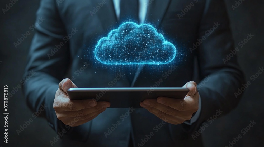 Aufkleber businessman holding tablet with holographic cloud, representing cloud computing and digital data man