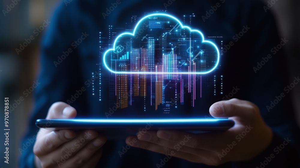 Poster futuristic cloud computing concept with tablet, featuring glowing digital data visualization and ana