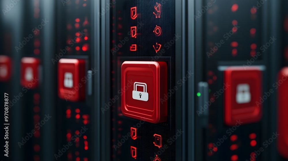 Poster data security server rack red lock icon