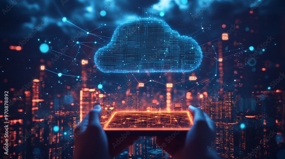 Poster futuristic technology concept illustrating cloud computing with digital representation in a cityscap