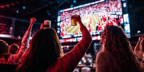 Group of women in office attire, watching sports match on big screen with excitement, holding beer glasses and supporting soccer team.
