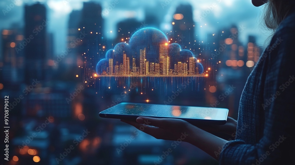 Poster innovative concept of data cloud technology with a tablet displaying digital graphs against an urban