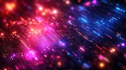 Fototapeta premium Futuristic abstract background with glowing circuits, neon blue and purple hues, technology-inspired vector design