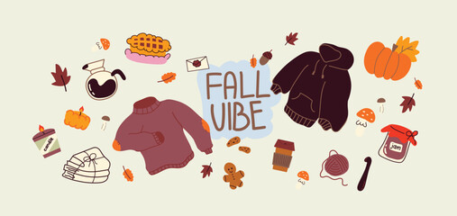 Cozy cartoon autumn stickers in hand drawn style. Hoodie, leaves, coffee, pie, sweater, jam, mushrooms, harvest time. Set of doodle groovy vector shapes hand drawn