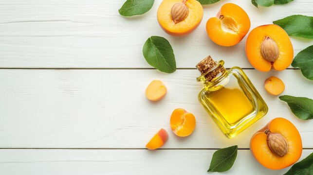 Fruit aroma oil. Apricot kernel oil on white wooden background top view frame copy space