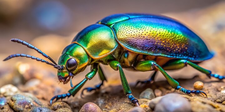 The pinacate beetle's body glimmers with an intense luster, its colors shifting between radiant emeralds, sapphire