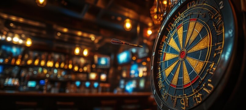 Close-up of dartboard in dimly lit pub, with dart in flight, suggesting game is underway in traditional, cozy atmosphere.