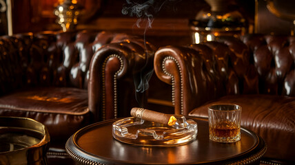 Luxurious Cigar Lounge Scene A Smoldering Cigar in an Elegant Glass Ashtray with Rich Wood and Leather Accents, Whiskey, and Rising Smoke - High-Definition, Premium Lounge Art