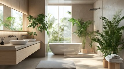Stylish bathroom interior with countertop shower stall and houseplants. Design idea