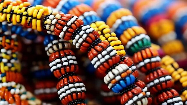 Brightly colored beaded necklaces are arranged in a random pattern, creating a vibrant and festive atmosphere reminiscent of christmas celebrations