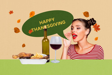 Composite photo collage of happy girl scream thanksgiving holiday autumn dinner wine bottle glass...