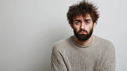 Obraz premium Young handsome man with beard wearing casual sweater standing over white background depressed and worry for distress crying angry and afraid. Sad expression.