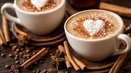 Coffee cappuccino cinamon and sugar on the top hot drink