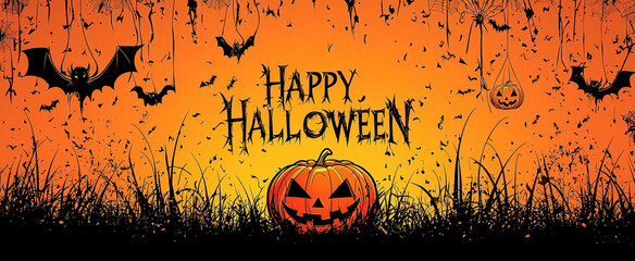 Happy Halloween greeting text and smiling jack pumpkin on black orange wide card. Theme of invitation, flyer, illustration, party, bat