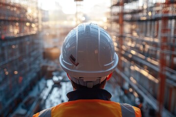 Construction Worker Wearing a White Hard Hat and Safety Vest