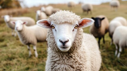 Obraz premium Sheep Looking At Camera While Other Sheep Graze In Field