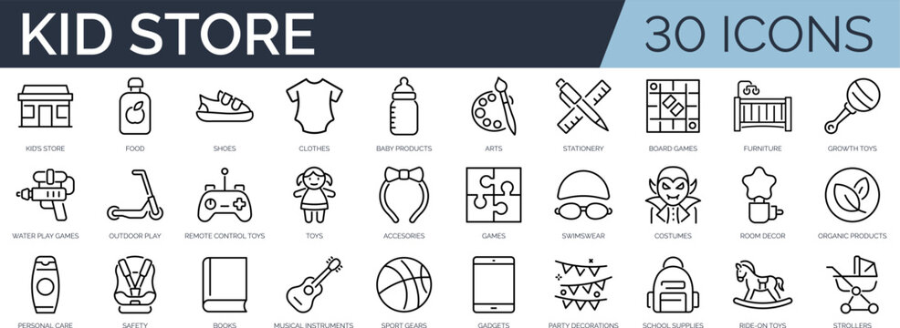 Set of 30 outline icons related to kid store. Linear icon collection. Editable stroke. Vector illustration