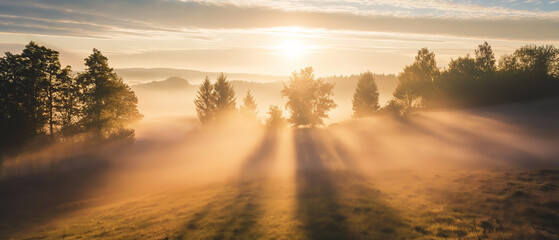 Obraz premium Golden sunrise over a misty landscape, with rays of sunlight streaming through trees, creating a peaceful and atmospheric scene with ample copy space for design elements