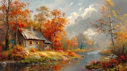 Obraz premium Oil Painting on Canvas Autumn Landscape with Wooden Old