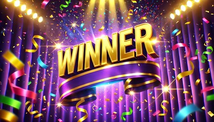 Winner announcement on a festive stage with colorful confetti