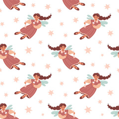 Vector seamless pattern with flying tooth fairies and stars. Fairytale wallpaper. Repeat texture with fantasy cute girls with wings. Ornament for kids textile.