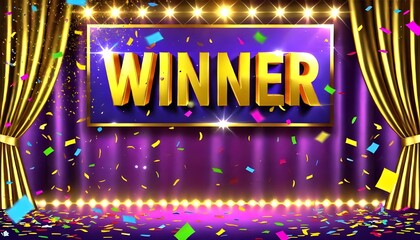 Winner announcement on a festive stage with colorful confetti