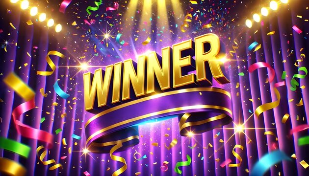 Winner announcement on a festive stage with colorful confetti