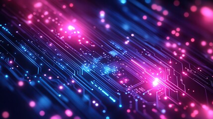 Fototapeta premium Futuristic abstract background with glowing circuits, neon blue and purple hues, technology-inspired vector design