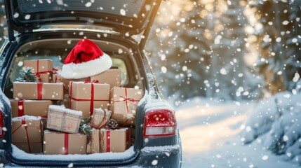 A car with a trunk full of presents gifts and santa hat for Christmas. Car gifts box snow holidays. Xmas shopping and preparation.