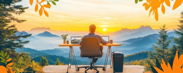 Digital nomad at a small wooden desk in a van, the door open to reveal mountain vistas, representing the freedom of working from anywhere, van life, remote work freedom
