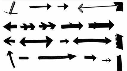 Brush, marker drawn bold arrows set. Collection of hand drawn doodle thick arrows in different directions