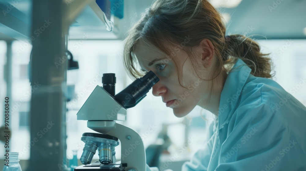 Poster the scientist using the microscope