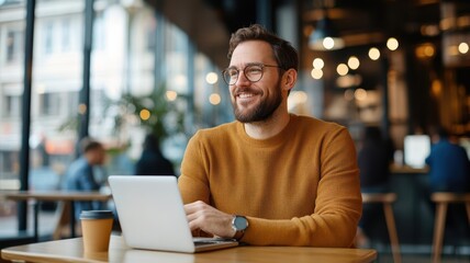 Obraz premium Tech startup founder working from a trendy cafe in a bustling European city, managing remote employees, entrepreneurship, digital nomad travel