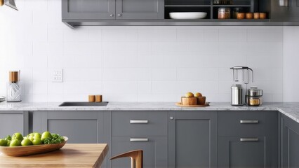 Front view of elegant interior with gray drawers under kitchen cabinet. empty wooden table and marble countertop in room. modern equipment for cooking. well organized space for storage food products
