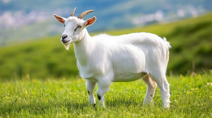 Lamancha goat on green pasture side view. Adorable pet american lamancha goat breed of earless goats