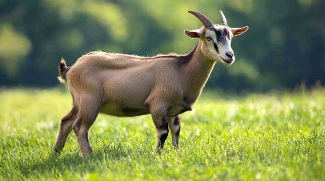 Lamancha goat on green pasture side view. Adorable pet american lamancha goat breed of earless goats
