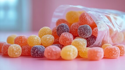 A colorful assortment of gummy candies spilling from a clear bag on a pink surface.