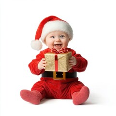Adorable Baby Santa Holding Gift Box in Pastel Colors, Smiling Isolated on White Background