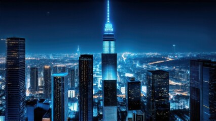 Nighttime view of a technologically advanced city with sleek, illuminated skyscrapers. Premium background for the latest technology needs