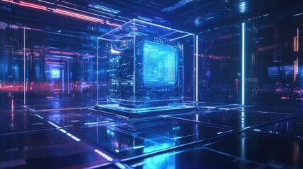 A futuristic, glowing cube in a room with neon lights.