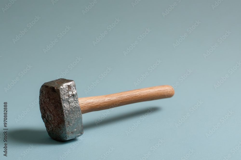 Canvas Prints A Close-Up of a Metal Hammer with a Wooden Handle on a Blue Background