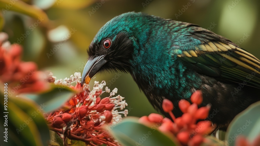 Wall mural Close-up of a Green and Black Bird Eating from Red Flowers