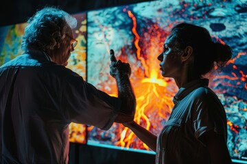 Researchers talk about seismological processes and volcanic eruption while analyzing monitor displaying photos and videos of volcanic activity.