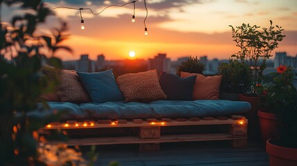 An old pallet repurposed as a chic outdoor bench, adorned with soft cushions and fairy lights, set against a serene sunset in a garden